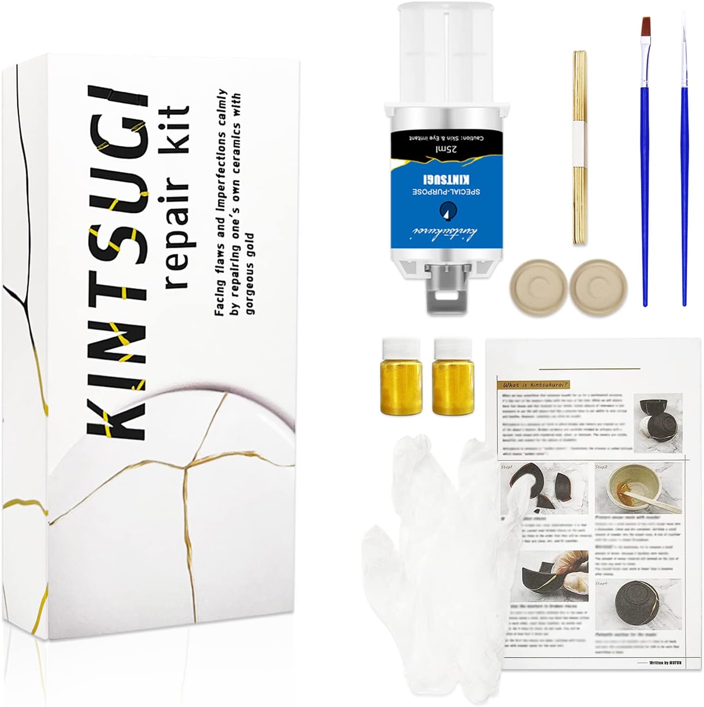 Kintsugi Repair Kit Gold, Japanese Kintsugi Kit to Improve Your Ceramic, Repair Your Meaningful Pottery with Gold Powder Medium, Perfect for Beginners Restoring Meaningful Gifts