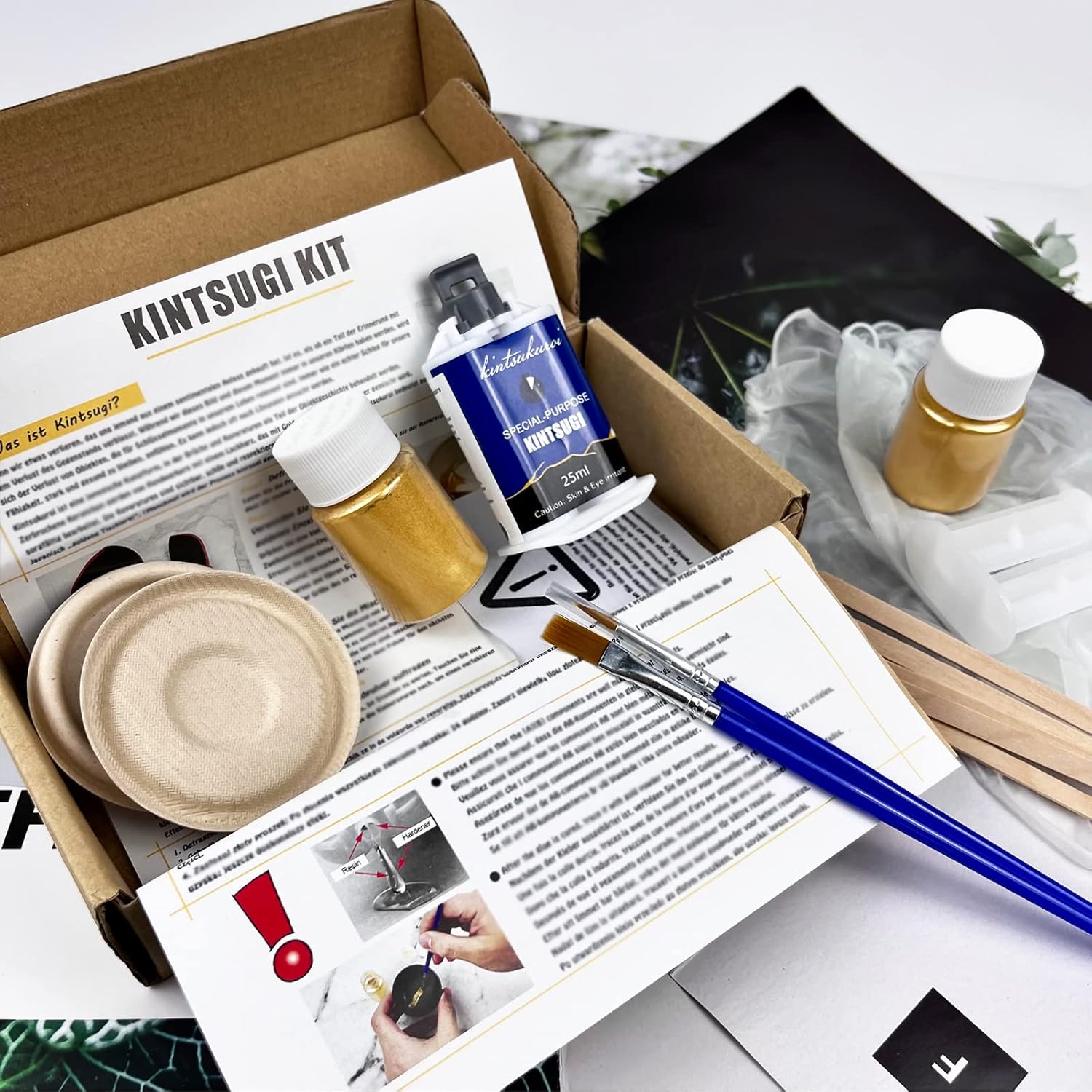 Kintsugi Repair Kit Gold, Japanese Kintsugi Kit to Improve Your Ceramic, Repair Your Meaningful Pottery with Gold Powder Medium, Perfect for Beginners Restoring Meaningful Gifts